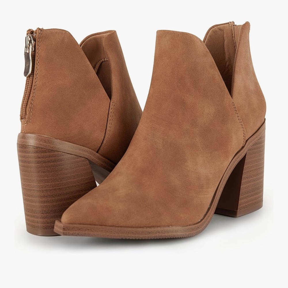 Kathemoi Womens V Cutout Tan Suede Pointed Toe Booties